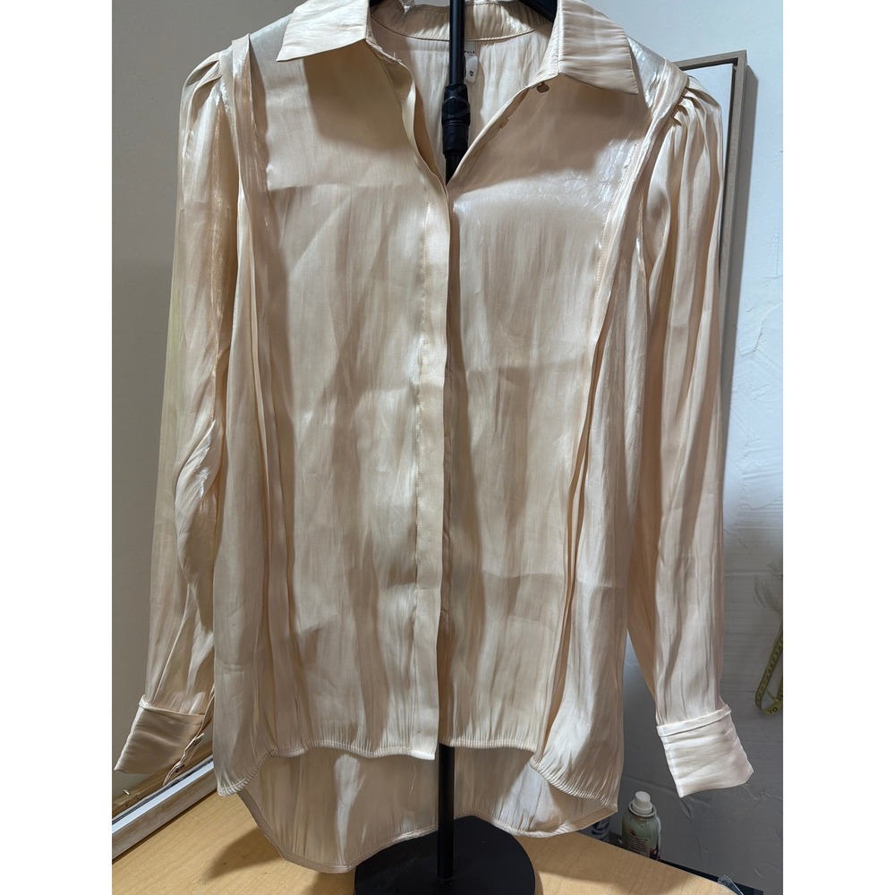 Pulz Champagne Satin Button Down Blouse Pleated Shoulder Long Sleeve XS - Picture 3 of 5